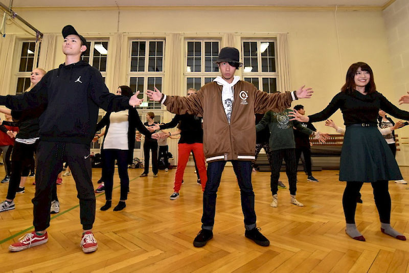 Students from Fukushima University at a hip-hop class at the University Sports Centre in Halle