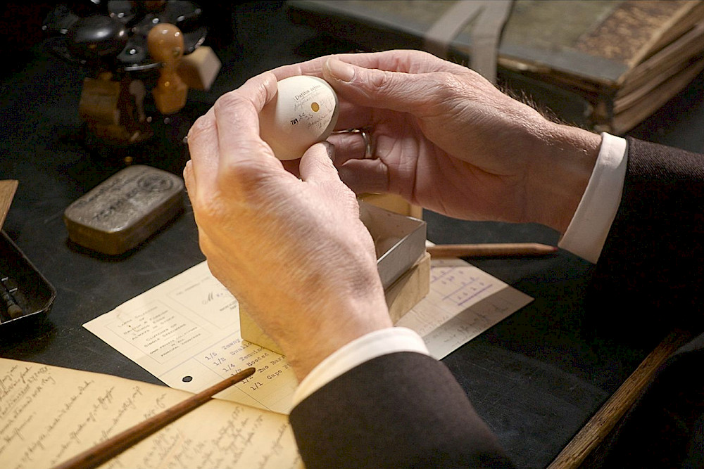 Szene aus "O, Collecting Eggs Despite the Times": Max Schönwetter - dargestellt von Dr. Frank Steinheimer - hält ein Ei aus seiner Sammlung in den Händen.