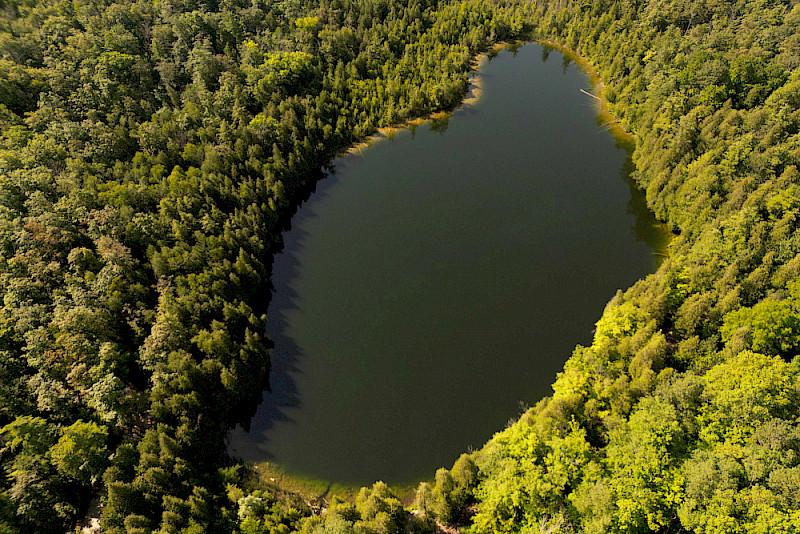 Der Crawford Lake in Kanada gilt als Referenzort für das Anthropozän. In seinen jährlichen Sedimentschichten haben sich Spuren menschlicher Eingriffe wie Industrieemissionen, Stickstoff aus der Landwirtschaft und radioaktives Plutonium aus Atomtests seit Mitte des 20. Jahrhunderts eingeschrieben.