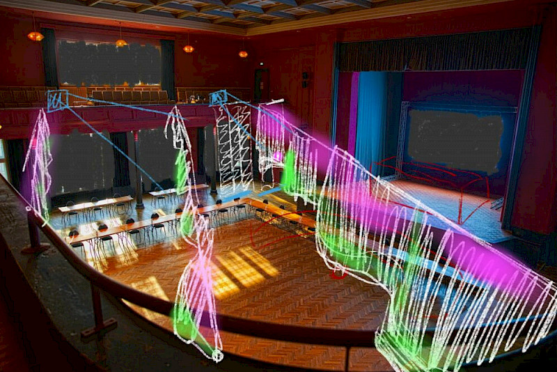 Die Skizze zeigt einen ersten Entwurf für die räumliche Gestaltung des Konzerts „Aurora Borealis“. Eine wesentliche Rolle spielen dabei die Polarlichter.